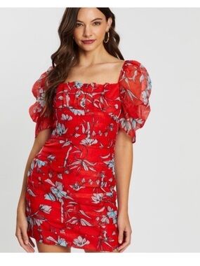 Charlie Holiday Red Floral Palma Ruched Mini Dress Size 6 Short Puff Sleeves